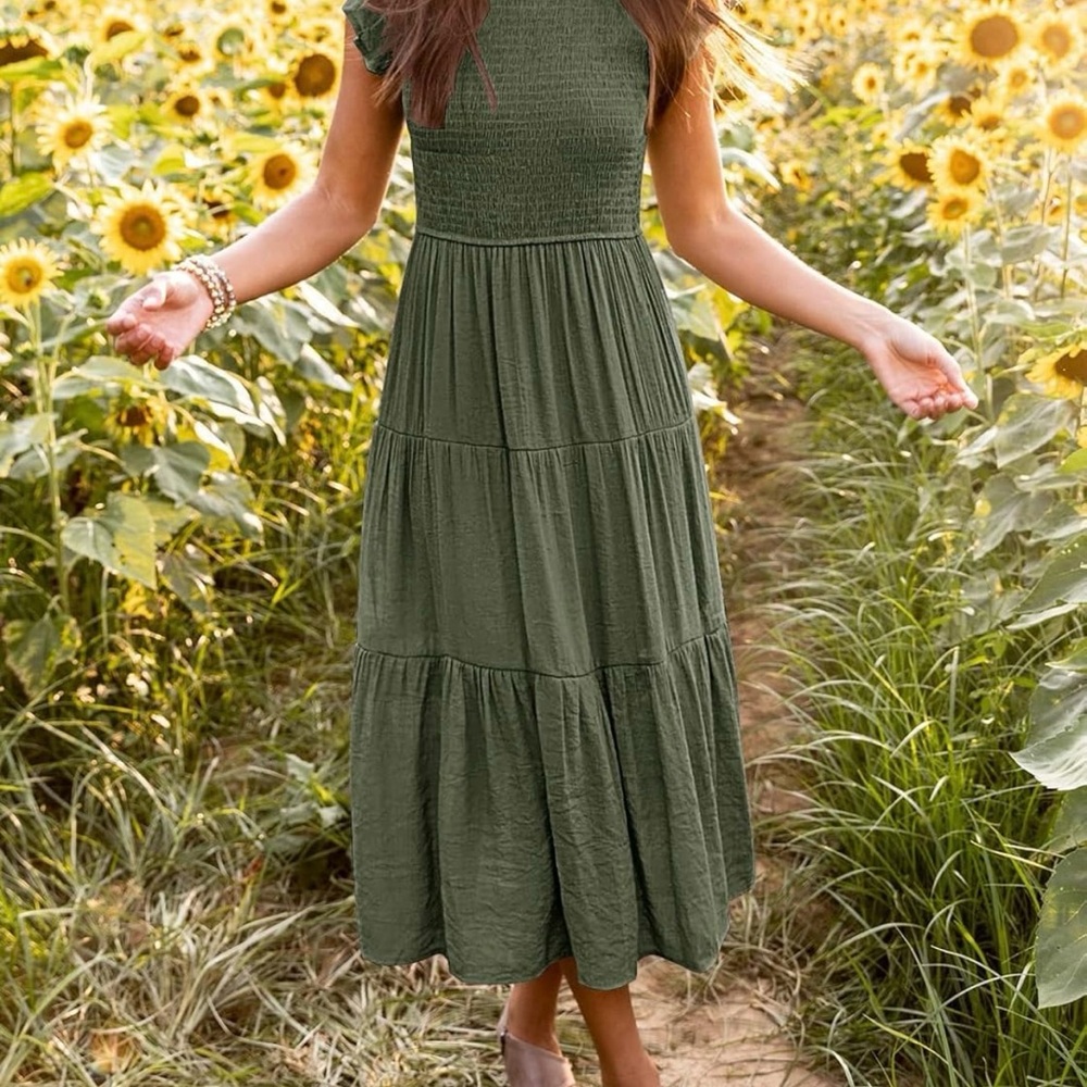 Olive Green Tiered A-Line Midi Dress